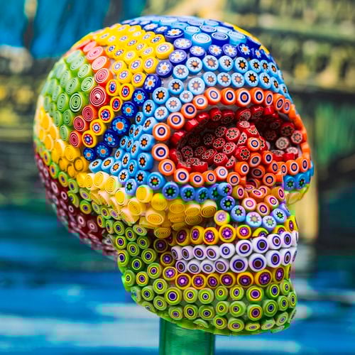 Bright coloured mosaic skull using Mandala Art's Millefiori glass collection. 