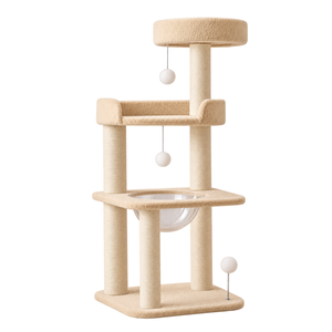 Khaki Plush Four-Level Cat Tree with Acrylic Bowl