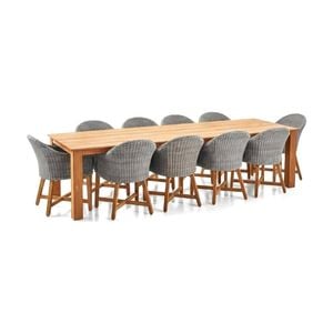 Barbados Outdoor Teak 3m Rectangle Dining table Brushed Grey With 10 Coastal Wicker Chairs & Denim Cushions