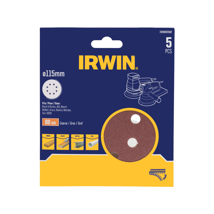 IRWIN 115mm 80 Grit Quick Fit Random Orbital Sanding Discs 8 Holes - 5 Pack