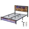 Levede Queen Size Industrial Bed Frame with LED Charging Station and Storage Bedhead