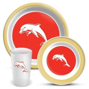 NRL 3 Piece Dinner Set - Dolphins - Melamine Plate, Bowl, Cup