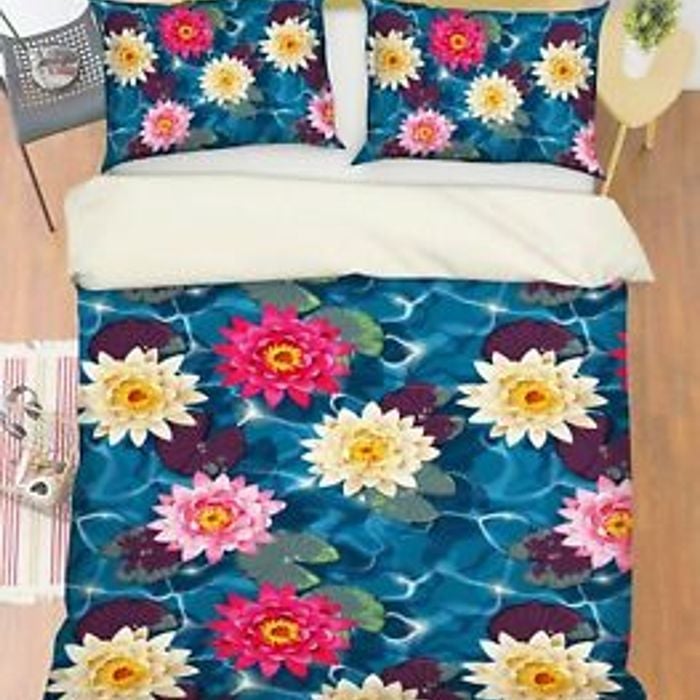 3D Color Lotus 400 Bed Pillowcases Quilt King Size