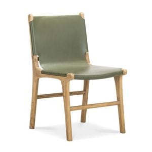 Lazie Set of 2 Olive Green Leather Sling Dining Chairs in Teak Wood