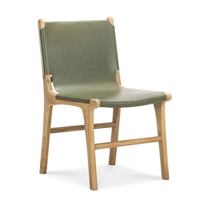 Lazie Set of 2 Olive Green Leather Sling Dining Chairs in Teak Wood