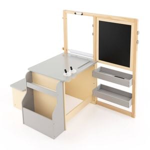 Costway 3in1 Painting Table & Bench Set Kid Double-sided Art Easel Bookshelf Grey