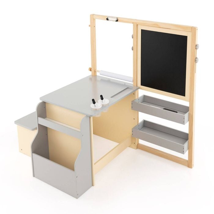 Costway 3in1 Painting Table & Bench Set Kid Double-sided Art Easel Bookshelf Grey