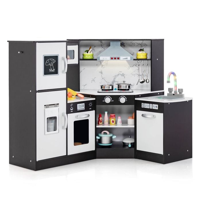 Costway Corner Wooden Kitchen Playset Kids Pretend Cooking Toy Black
