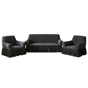 SOGA Home & Living Bundle – 2 Dark Grey 1-Seater & 3-Seater Sofa Covers with Ruffled Skirt