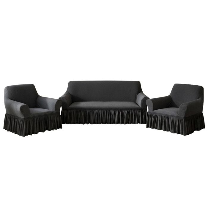 SOGA Home & Living Bundle – 2 Dark Grey 1-Seater & 3-Seater Sofa Covers with Ruffled Skirt