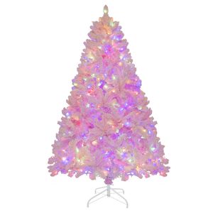 Costway 1.85M Pink Flocked Christmas Tree Pre-Lit Decoration Tree 350 LED Lights