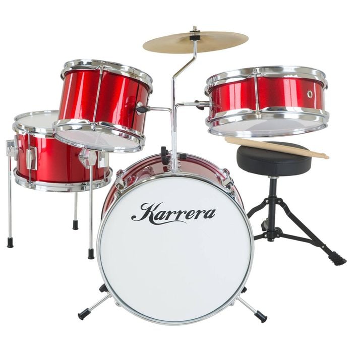 Karrera Mini 4-Piece Children Drum Kit Set Wooden with 2 Toms Bass Pedal Snare Stool Metallic Red