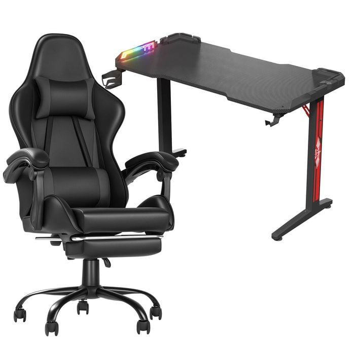 Advwin 120cm Black Gaming Desk Rgb Led Light & Gaming Chair With Footrest Black