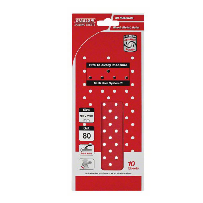 Diablo 93 x 230mm 80 Grit Hook & Loop Multihole Sanding Sheet - 10 Pack