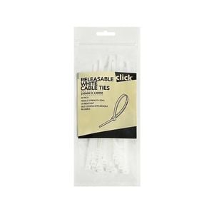 Click 150mm White Releasable Cable Tie - 25 Pack