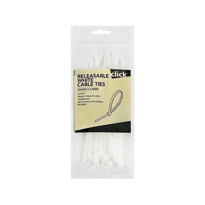 Click 150mm White Releasable Cable Tie - 25 Pack