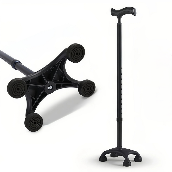 Altus Self-standing Quad Cane Aluminum Adjustable Walking Stick - black