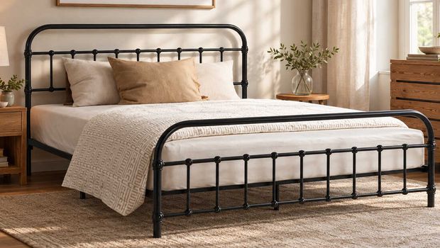 A black metal bed frame supporting a neatly made white bedspread with a brown tallboy and 2 brown side tables