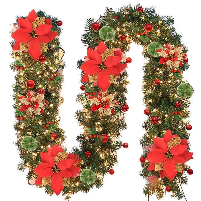Catzon Christmas Garland with Lights 9FT Christmas Wreath-Red