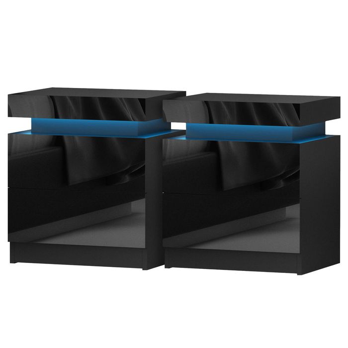 Artiss 2X Bedside Table LED 2 Drawers Lift-up Storage - COLEY Black