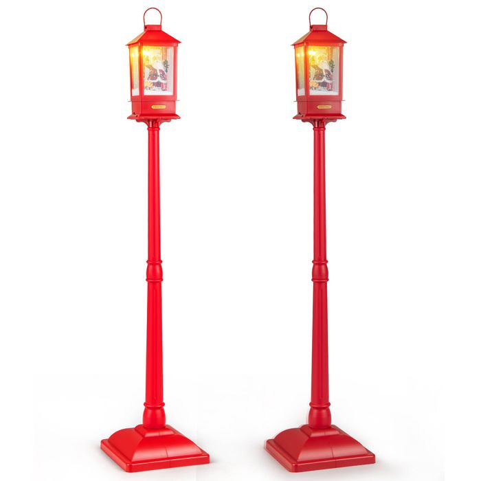 Costway 2x 155cm Christmas Street Lamp Festive Musical Lamp Post Santa & Street Light Inside-Red