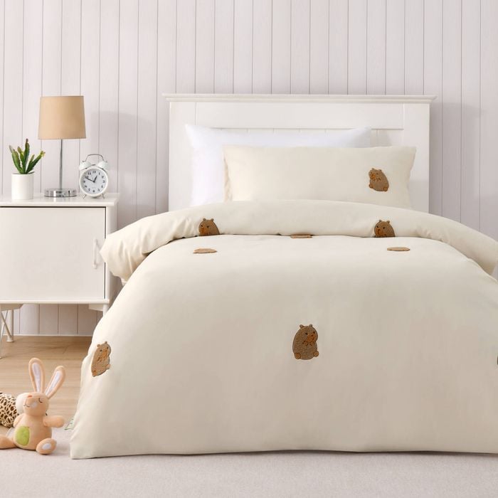 Jack & Ava Tofu The Capybara Embroidered Kids Quilt Cover Set Natural King Single Bed