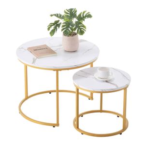 VEVOR 600mm Round Nesting Coffee Table White and Gold 2 Pack with Metal Frame for Small Place