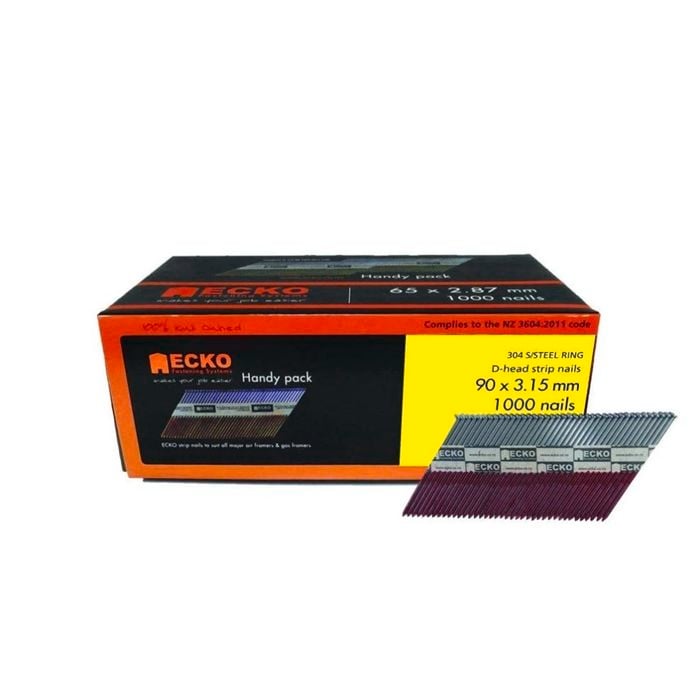 ECKO 90 x 3.15mm 304 Stainless Steel D Head Ring Framing Nails Gasless - 1000 Pack