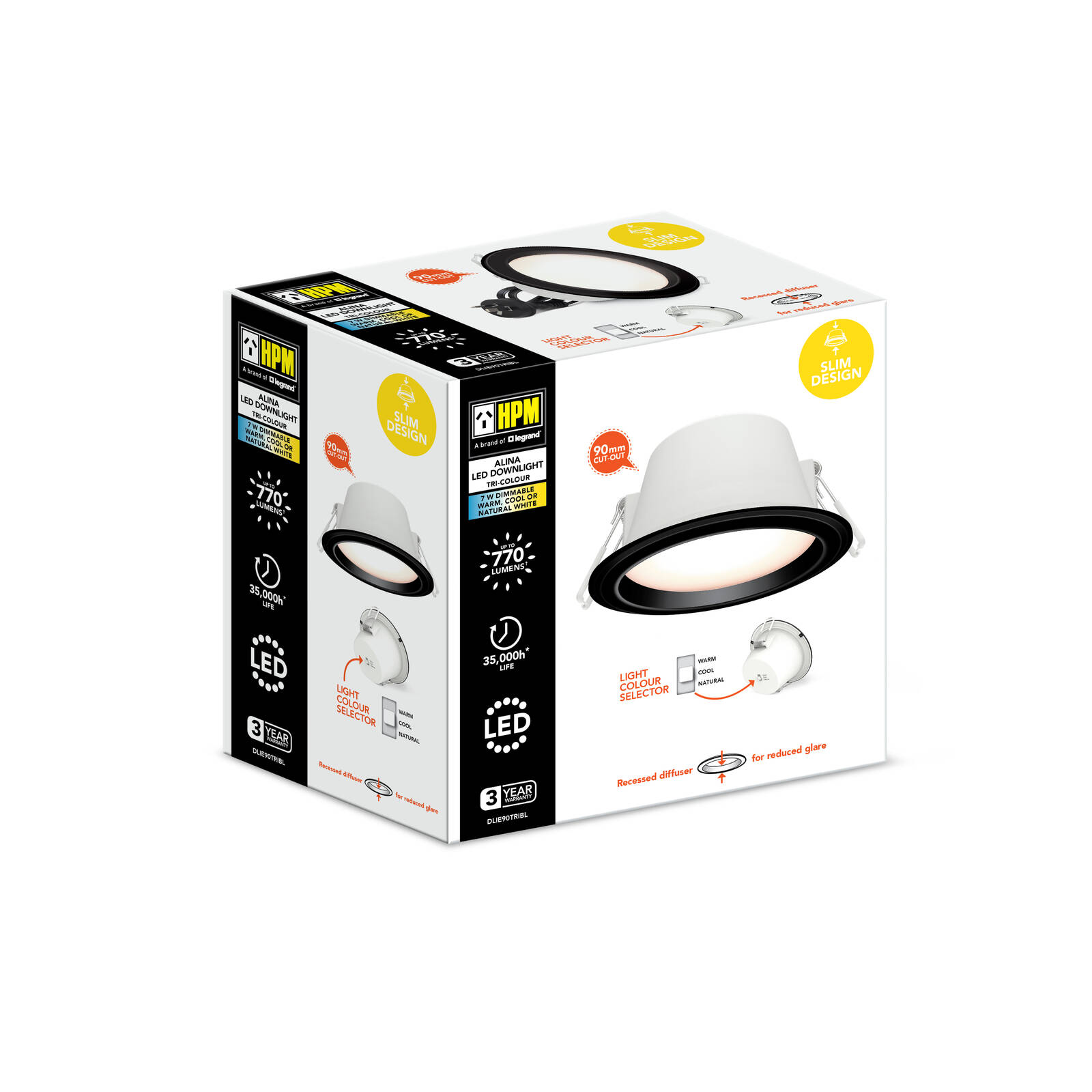 HPM Alina LED 7W 770lm Tri Colour Recessed Downlight 90mm Black Bunnings Australia