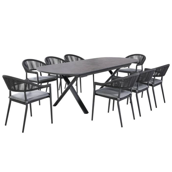FurnitureOkay Nice-Malta 9-Piece Sintered Stone Outdoor Extendable Dining Setting - Charcoal