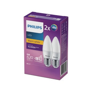 Philips P45 E27 LED 620lm Warm White 6W Candle - 2 Pack