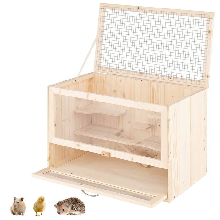 Costway 60x35.5x42cm Wood Lockable Hamster Cage W/mesh Flip Roof Acrylic