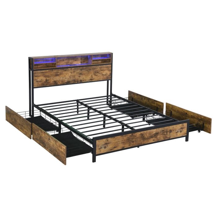 Levede Industrial Style RGB Metal Bed Frame with 4x Drawers Queen