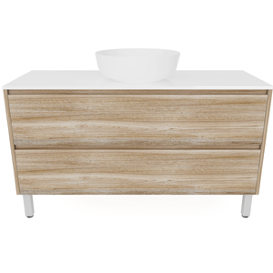 Forme 1200mm Walnut Razor Freestanding Vanity With Myanmar White Stone Top And Atom Above Counter Basin