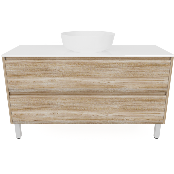 Forme 1200mm Walnut Razor Freestanding Vanity With Myanmar White Stone Top And Atom Above Counter Basin