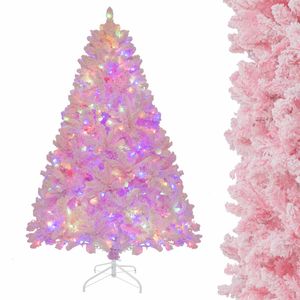 Costway 1.85M Pink Snow Flocked Artificial Christmas Tree 8 Lighting Modes Holiday Party Decor