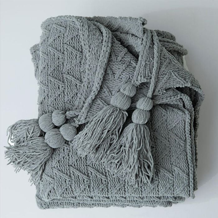 CottonMore Acrylic Chenille Knitted Blanket Herringbone Tassel Throw Rug 130x160cm - Dark Grey