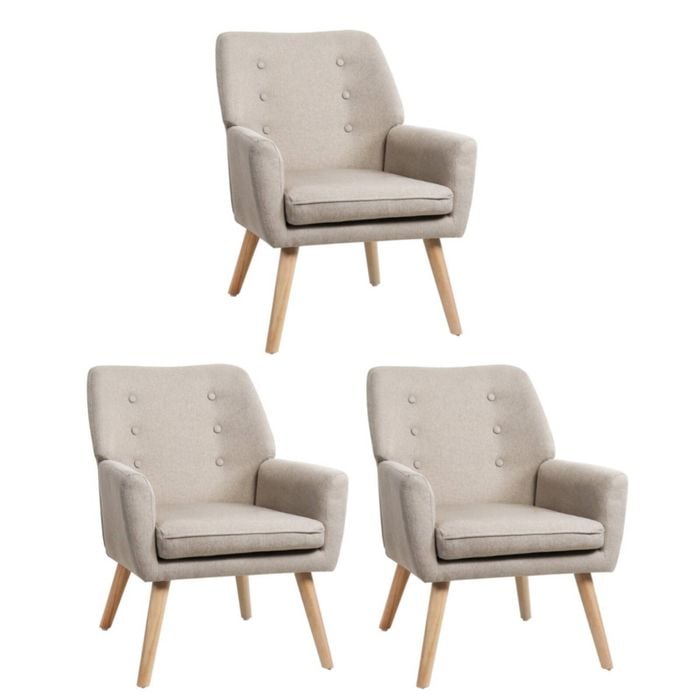 Oikiture 3x Armchair Lounge Chair Linen Accent Armchairs Tub Chairs Sofa Beige