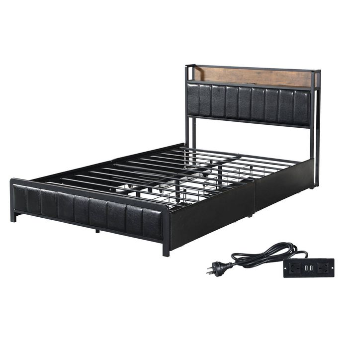 Levede Double Bed Frame PU Mattress Base Storage Drawer Headboard USB Charge