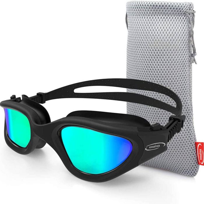 Emsina Swim Goggles, Polarized Swimming Goggles Anti-Fog for Adult Men Women  (Black Gold Lens) …