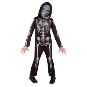 Kids Skeleton Halloween Costume Jumpsuit with Hood and Skull Mask Halloween Outfit, 6-8 Years