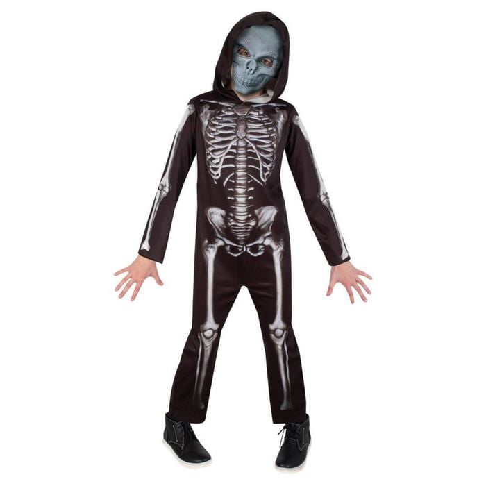 Kids Skeleton Halloween Costume Jumpsuit with Hood and Skull Mask Halloween Outfit, 6-8 Years