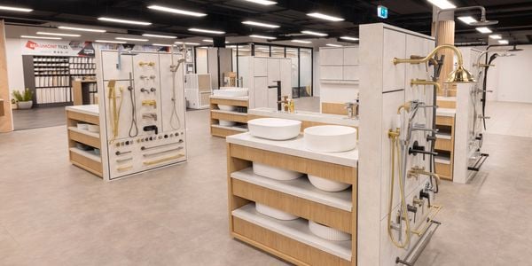 Kitchen products on shelves in a display area.