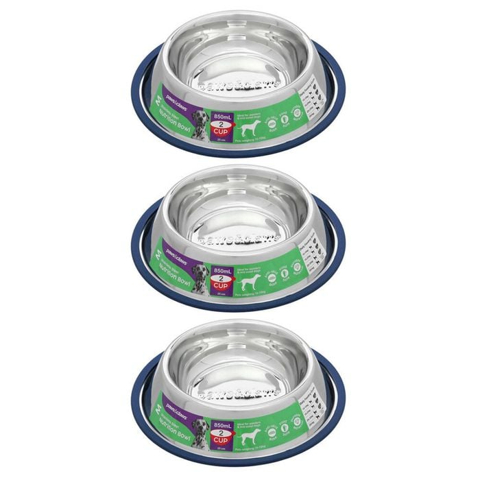 Paws & Claws Dog Feeding Bowl 850ml/25cm Stainless Steel Blue 3 Pack