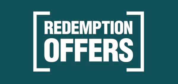 Graphic of redemption offers on a green brick background