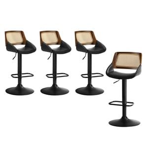 Oikiture 4x Bar Stools Gas Lift Stool Rattan Leather Black