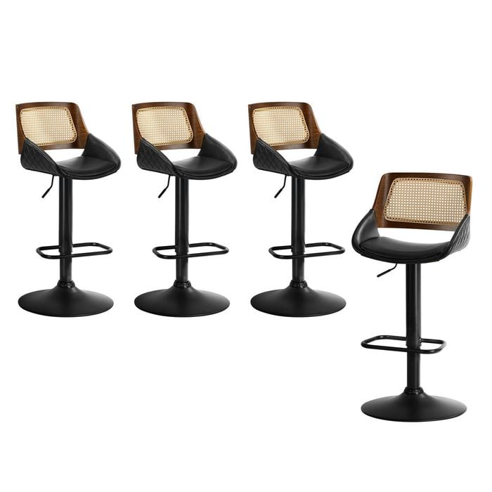 Oikiture 4x Bar Stools Gas Lift Stool Rattan Leather Black