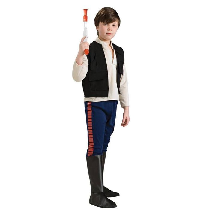 Han Solo Kids Halloween Costume with White Shirt Vest and Blue Pants with Boot Tops, Large