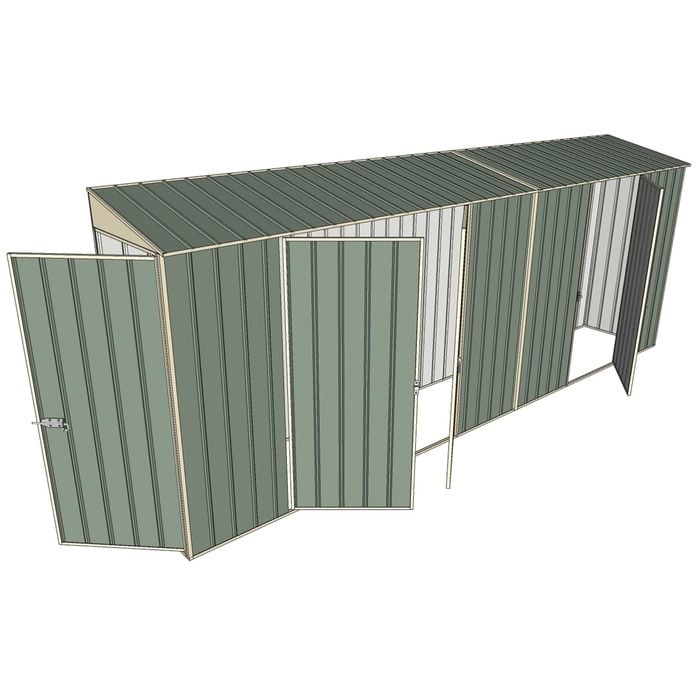 Build-a-Shed 0.8 x 5.2 x 2m Single Hinged Door Skillion Shed with Double and Single Hinged Side Doors - Green