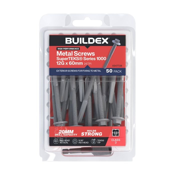 Buildex 12G x 60mm Class 3 Galvanised SuperTEKS® Series 1000 Metal Screws - 50 Pack